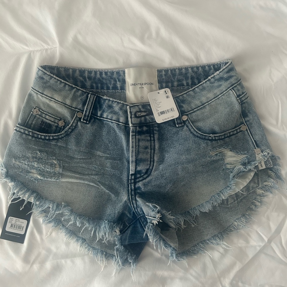 One Teaspoon Faded Blue Frayed Jean Shorts